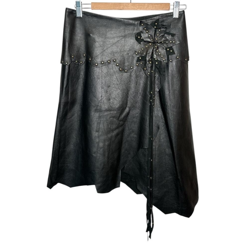 Y2K Jessie USA Black Leather Skirt 2 Studded Flower Asymmetrical Sheep Leather